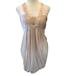 BCBG MAX AZRIA Womens Y2K Babydoll Fairy Beaded Pleated Bubble Hem Top XS Beige